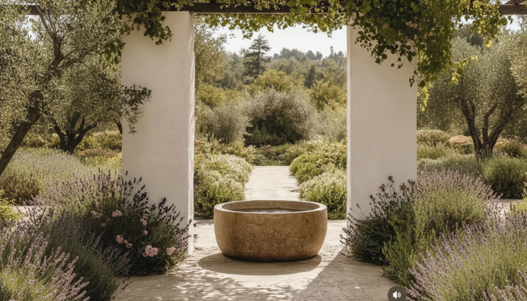 Stone fountain in a Mediterranean botanical garden